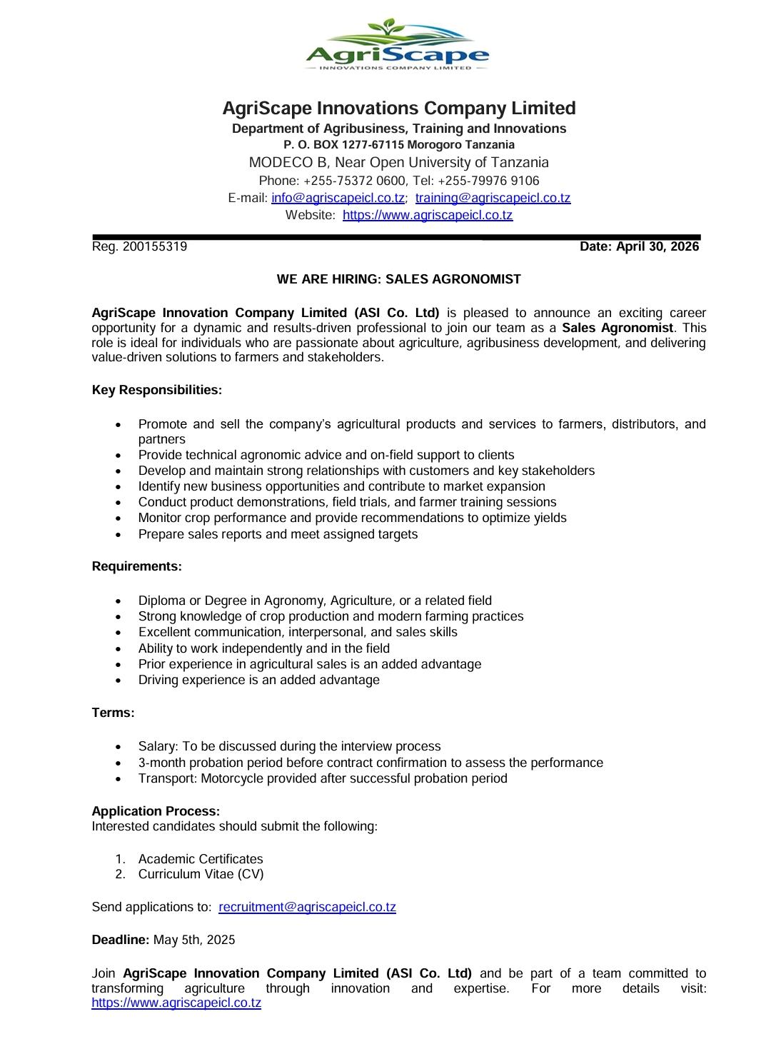 CAREER OPPORTUNITY: SALES AGRONOMIST VACANCY